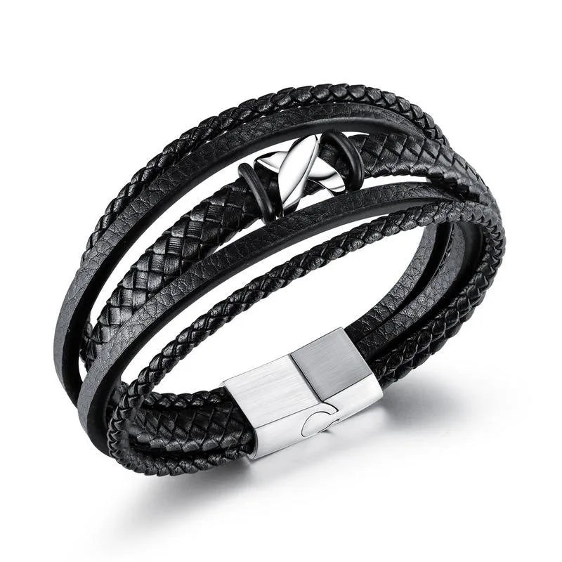 Fashion Gifts Braided Design Stainless Steel Magnetic Clasp Four-pointed Star Leather Charm Bracelets Punk Style Black Unisex