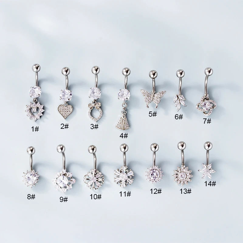 14 Styles Snow Heart butterfly Skirt Stainless Steel Body Piercing Rings Zircon Belly Button Rings Wholesale