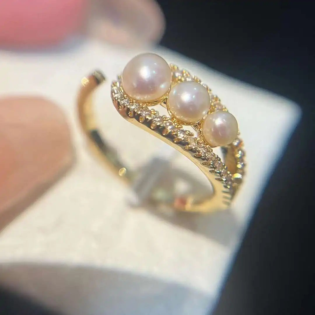 High-quality AAAAA Grade Freshwater Pearl Bread Shape Women's 18K Gold Plated Ring Natural Gold Silver Gradient Wedding