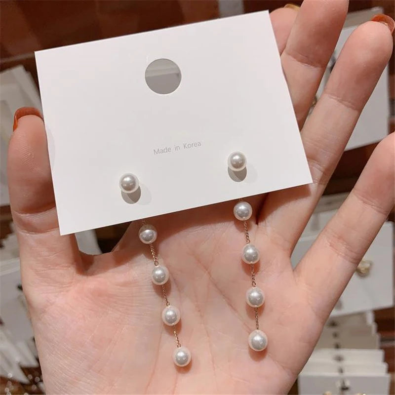Pendiente Korean S925 Silver Needle Long Temperament Pearl Beaded Earrings Women Fashion Simple Drop Stud Earrings for Girls