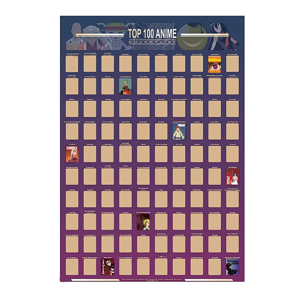 100 Anime Scratch Off Poster - Top Animation of All Time Bucket List (16.5" X 23.4")