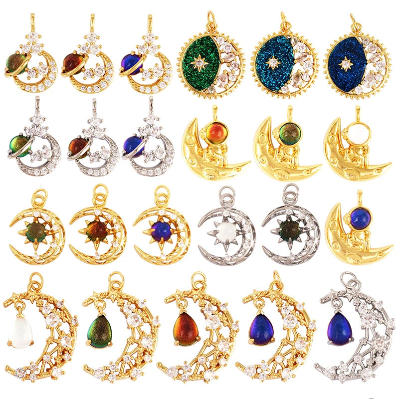 Celestial Star Moon Charm Pendant CZ Paved  18K Real White Rose Gold Plated Jewelry Necklace Bracelet Hand Making Supplies L22