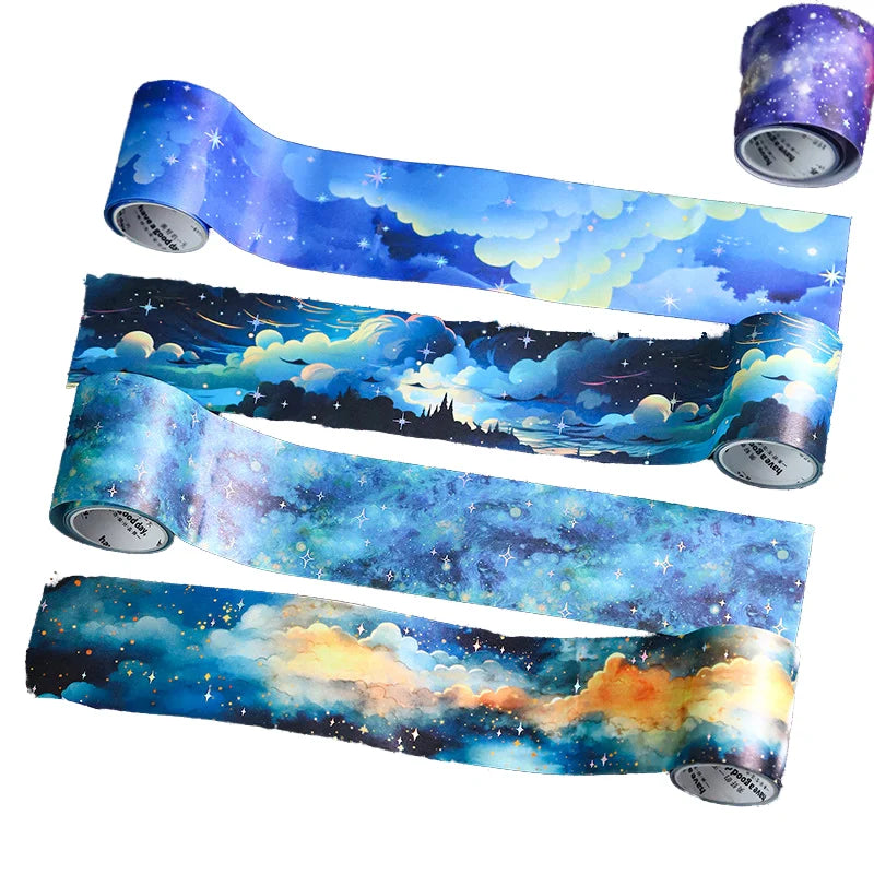 Starry Dreams Series Washi Tape 1Roll Waterproof PET Handbook Backing Stickers with Water Activated Rubber Adhesive for Masking
