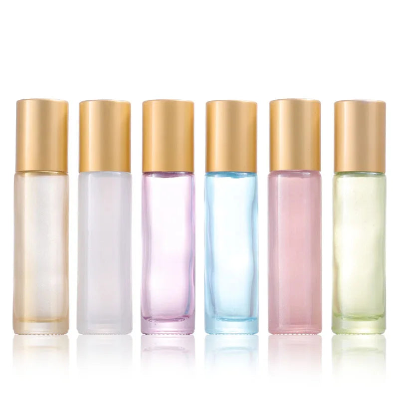 Wholesale 10ml Portable Stainless Steel Roller for Ball Essential Oil Bottle Pearlescent Color Glass with Gold Cap