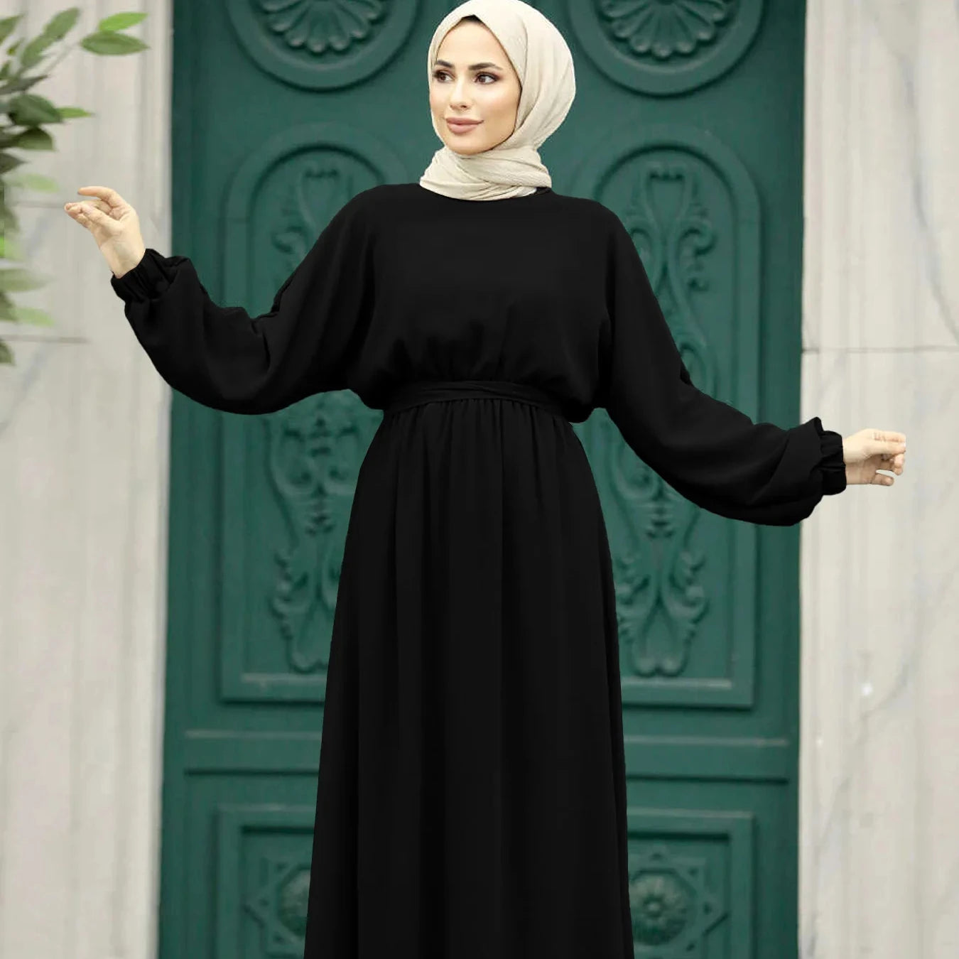 Muslim Middle East Women's Fashion Batwing Sleeve Abaya Dress Islamic Turkish Arab Robe Round Neck Waisted Breathable Dress