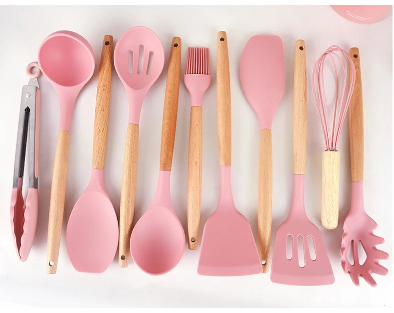 Food Grade Silicone 12-Piece Barreled Non-Stick Spatula Kitchen Utensils Set Eco-Friendly Heat Resistant BPA-Free Box