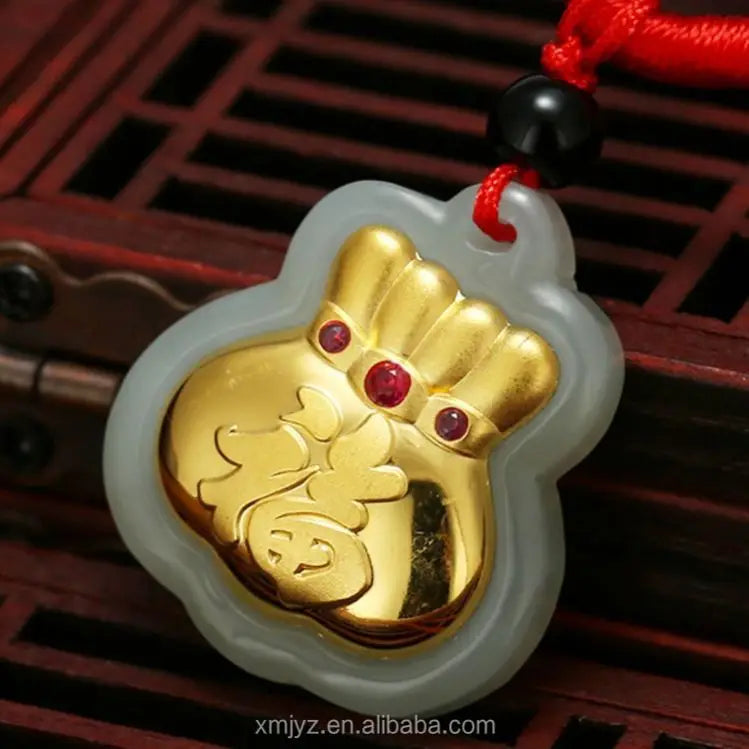 Certified 3D Gold Inlaid 4D Hetian Jade Pure Gold Gemstone Three Diamond Lucky Bag  Pendant  Wholesale