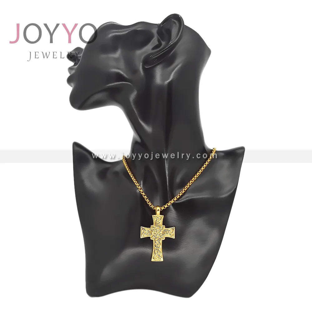 Gold Stainless Steel Braided Celtic Cross Pendant Irish Celtic Knots Religious Necklace for Men Women
