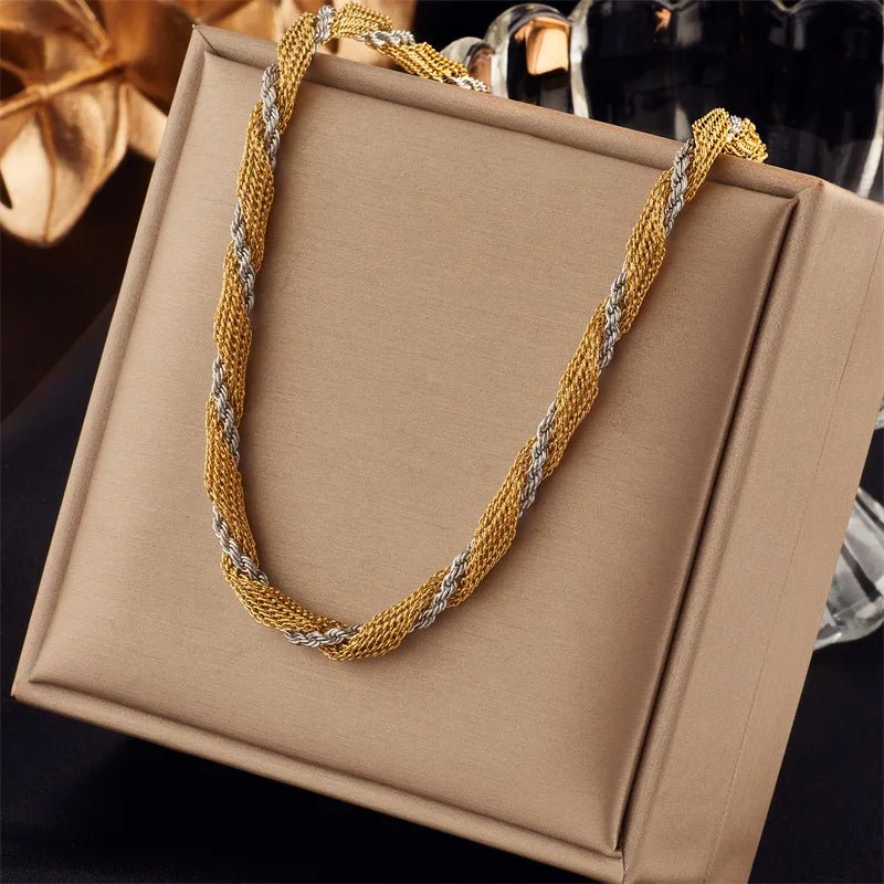 Simple Trendy Punk 2Pcs Set 18k Gold Plated Titanium Steel Bracelet and Necklace Mesh Twist Chain Jewelry Set for Women