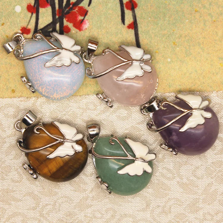 G1849 Gemstone Jewelry Pink Crystal Green Aventurine Amethyst Opal Butterfly Stone Pendants for Jewelry Making