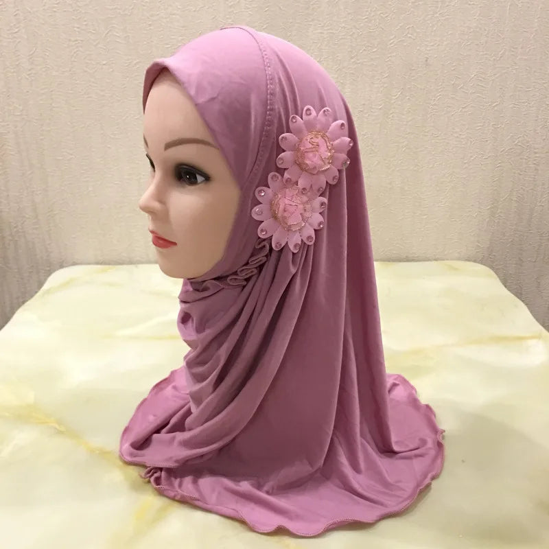Girls Autumn Islamic Scarf Beautiful 2-Flower Muslim Hijab for Kids