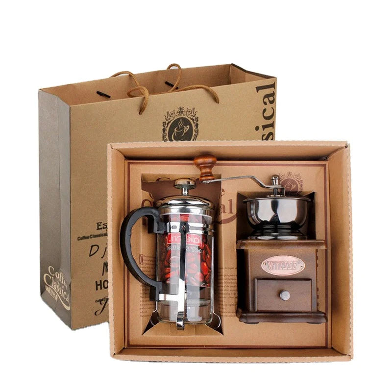 New Product Ideas 2026 Luxury High Quality Pine Wood Handmade French Coffee Grinder Gift Set for Company Men and Women Gifts