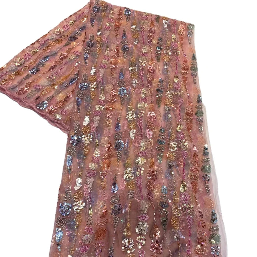 African Pink Sequins Lace Fabric with Beads Shining Wedding Bridal Tulle 100% Polyester Elastic Dress Fabric for 5 Yards QIDA