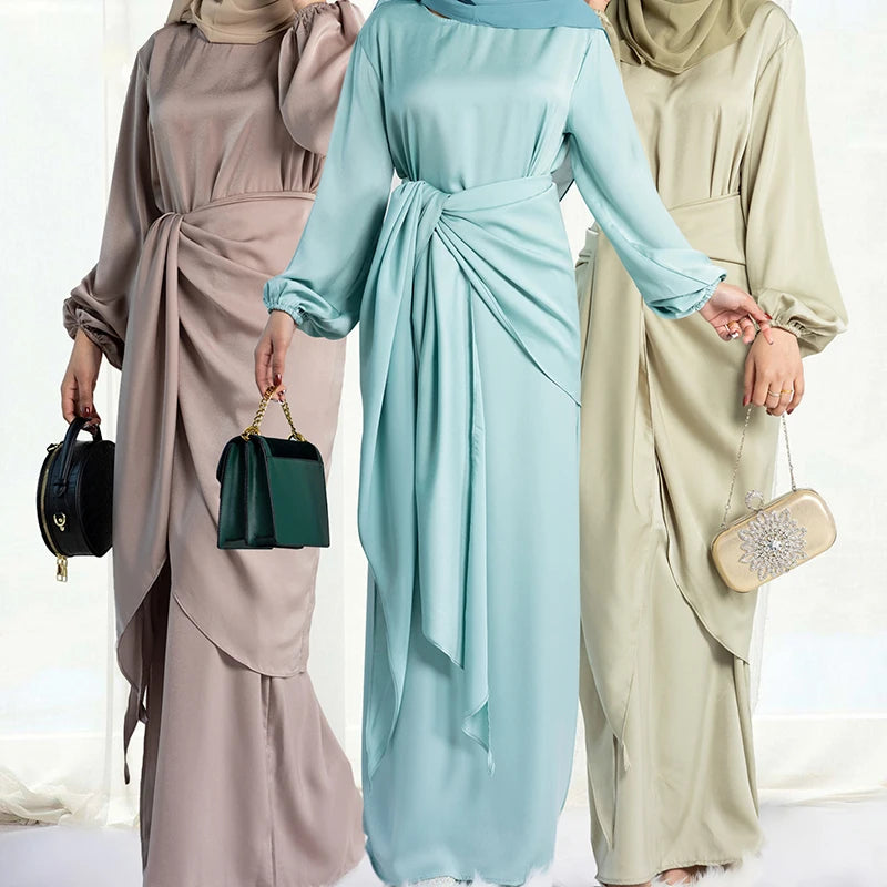2 Piece Under Abaya EID Muslim Shiny Tie Waist Wrap Turkey Satin Velvet Inner Abaya Set Ramadan Islamic Clothing