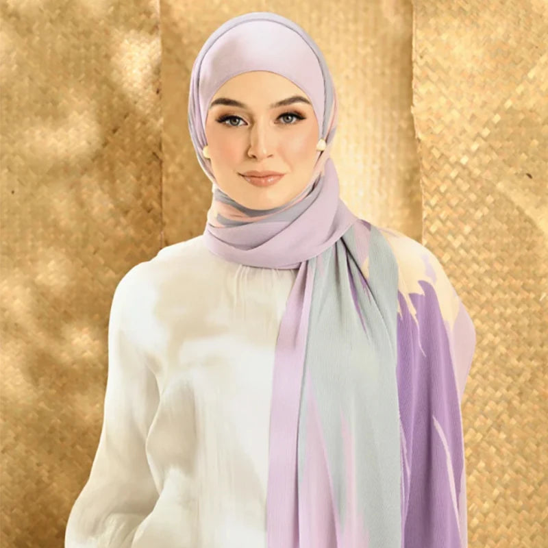 Printed Pleated Chiffon Hijab for Malaysia Women Tudung Pleated Shawl Mini Pleated Printed Scarf