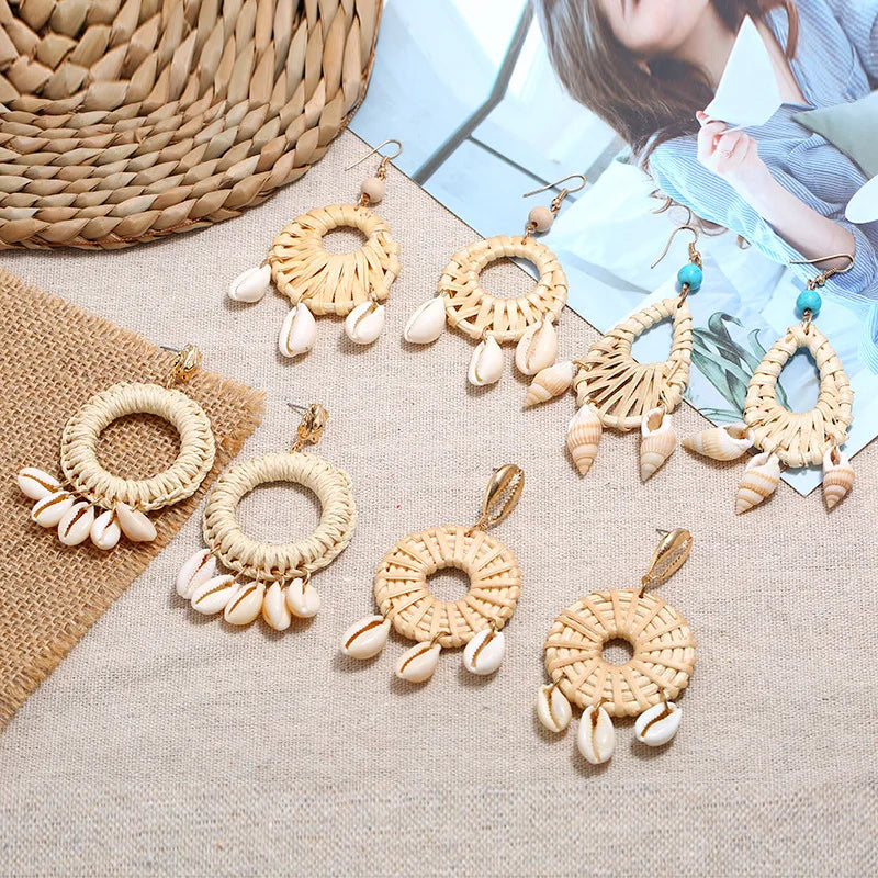 Vintage Natural Conch Drop Earrings Handmade Round Bamboo Weaving Conch Drop Earrings for Women