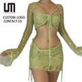 2025 New Trendy Women's 3-Piece Streetwear Outfits Crop Top & Knitted Skirt Set for Spring Casual Fashion Solid Pattern