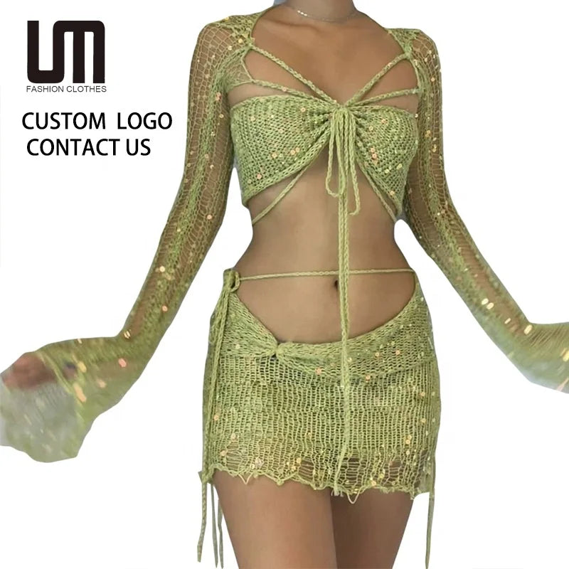2025 New Trendy Women's 3-Piece Streetwear Outfits Crop Top & Knitted Skirt Set for Spring Casual Fashion Solid Pattern