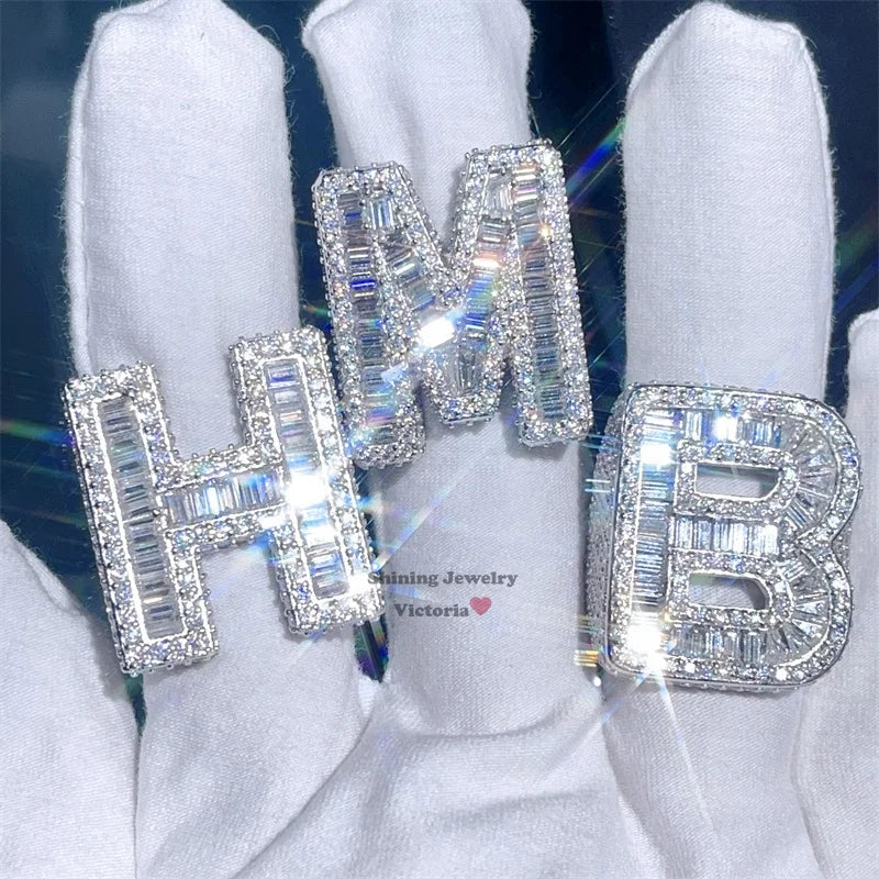 Best Selling Classic Round Mix Baguette Moissanite Diamond Custom Letter Initial Ring