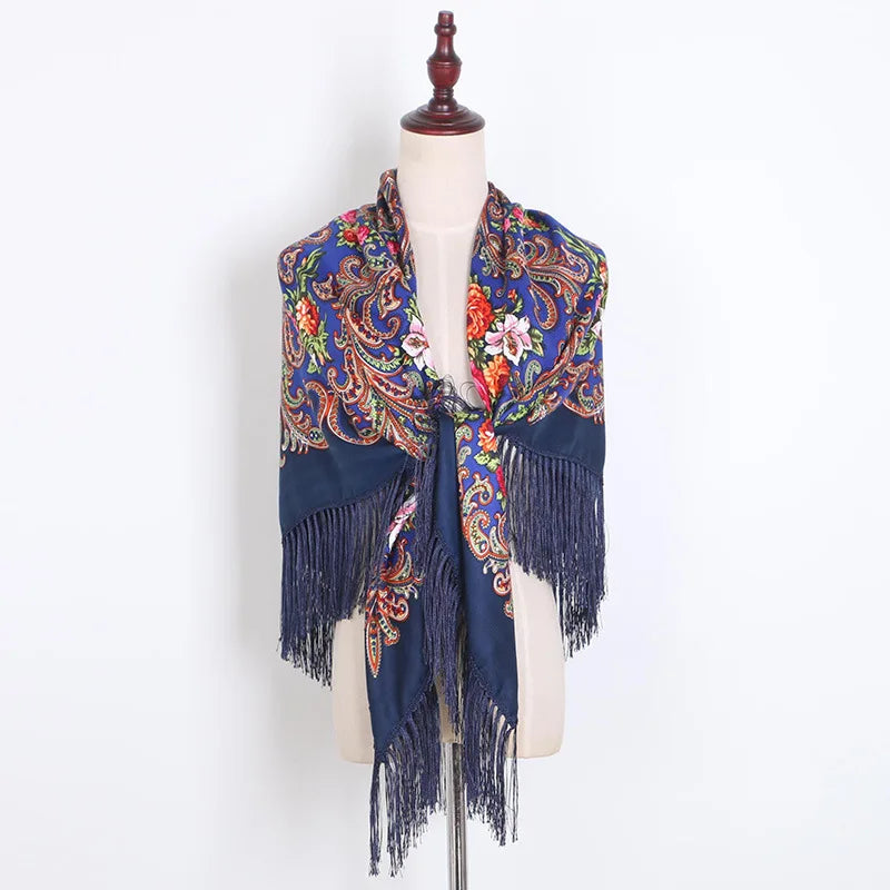 Women Tassel Scarf Retro Style Polyester Handkerchief Autumn Shawl Luxury Brand Scarf Printing Oversize Square Blankets Russian