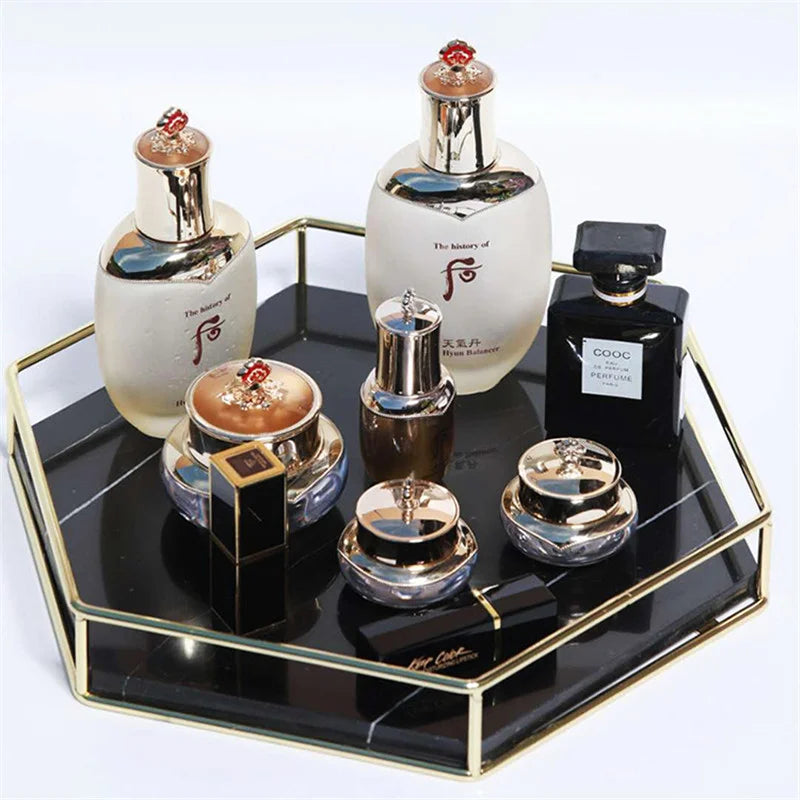 Best Selling 100% Natural Marble Stone Ceramic Bathroom Storage Tray Hexagon Black Marble Stone Tray With Gold Handles