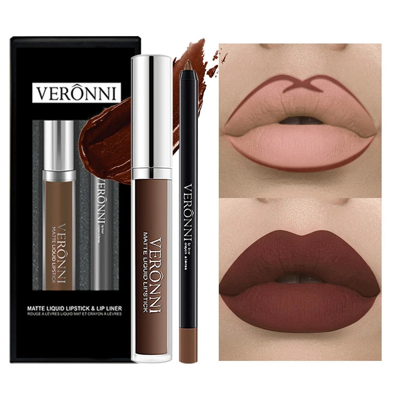 2Pcs\Set Lips Makeup Kit Waterproof Long Lasting Liquid Lipgloss Lipstick With Lipliner Pencil