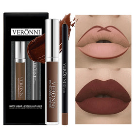 2Pcs\Set Lips Makeup Kit Waterproof Long Lasting Liquid Lipgloss Lipstick With Lipliner Pencil