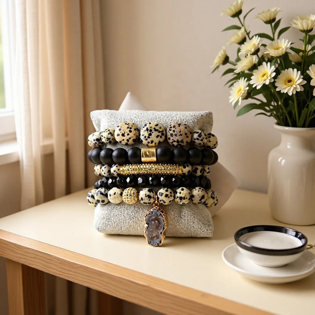 New Arrival Fashion Bohemia Jewelry Alloy Stone Beaded and Crystal Charm 5pc Stack Stretch Bracelets Bangle Set
