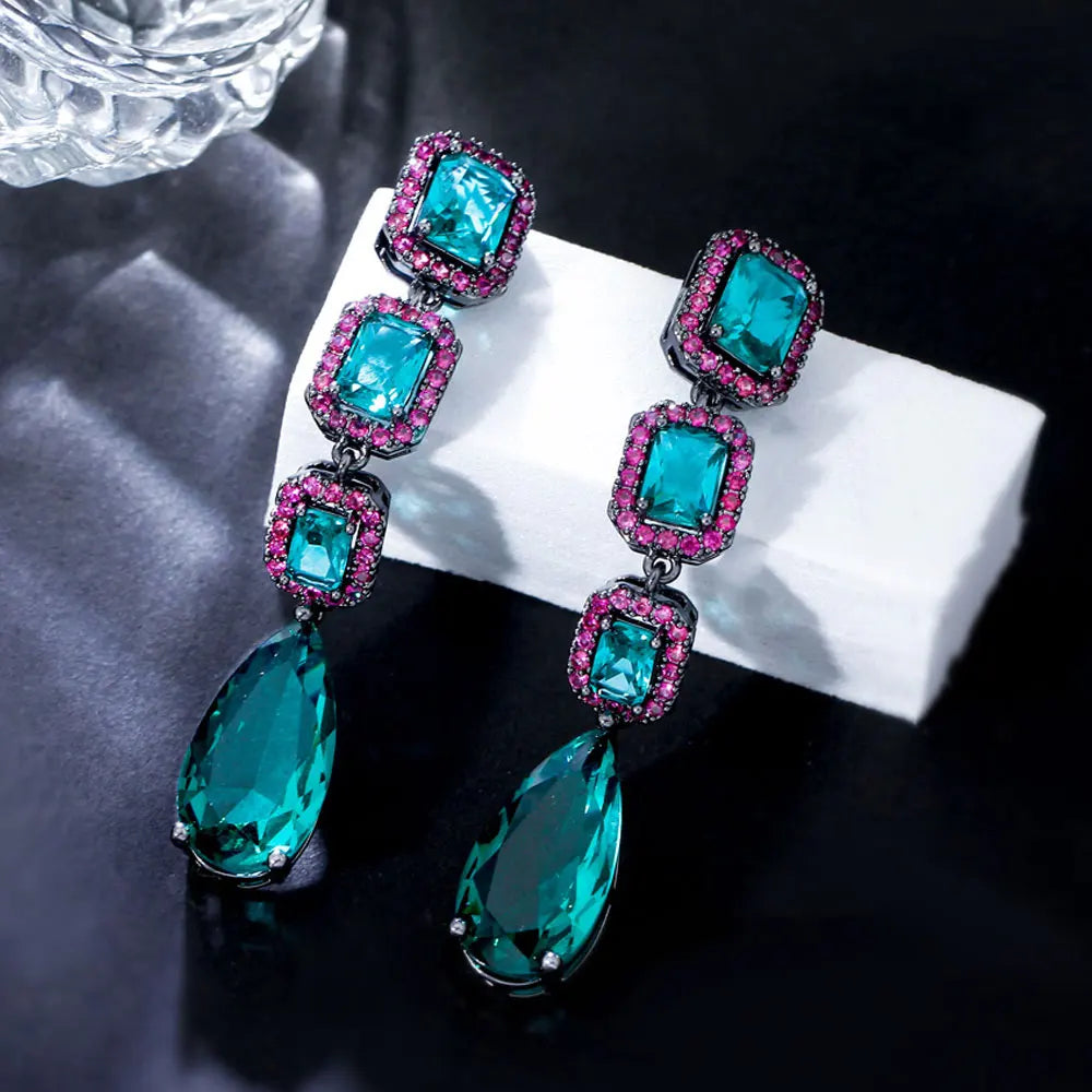 Elegant Water Drop Green Crystal and Rose Red Cubic Zircon Long Dangle Drop Indian Party Wear Engagement Earrings for Women