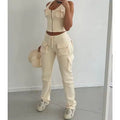 New Fashion Women's Knitting French Terry Zip-up Jacket Sleeveless Jogger Set 3D Cargo Pants Breathable Eco-Friendly Vintage