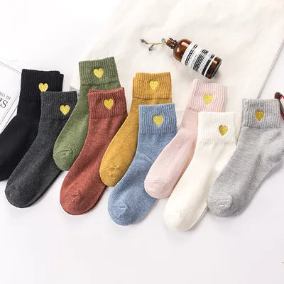 Japanese 100% Cotton Women's Socks with Gold Thread Heart Embroidery Anti-Slip Daily Use Socks for Autumn Season