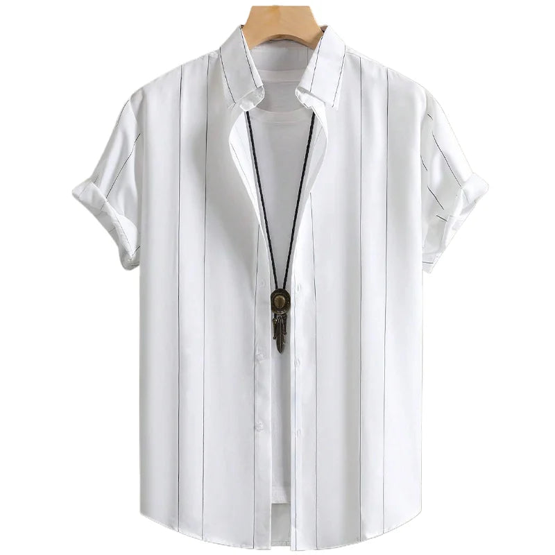 Men's Hawaiian Casual Short Sleeve Shirt Summer Breathable Anti-Wrinkle Striped Print Single Breasted Closure Anti-Pilling