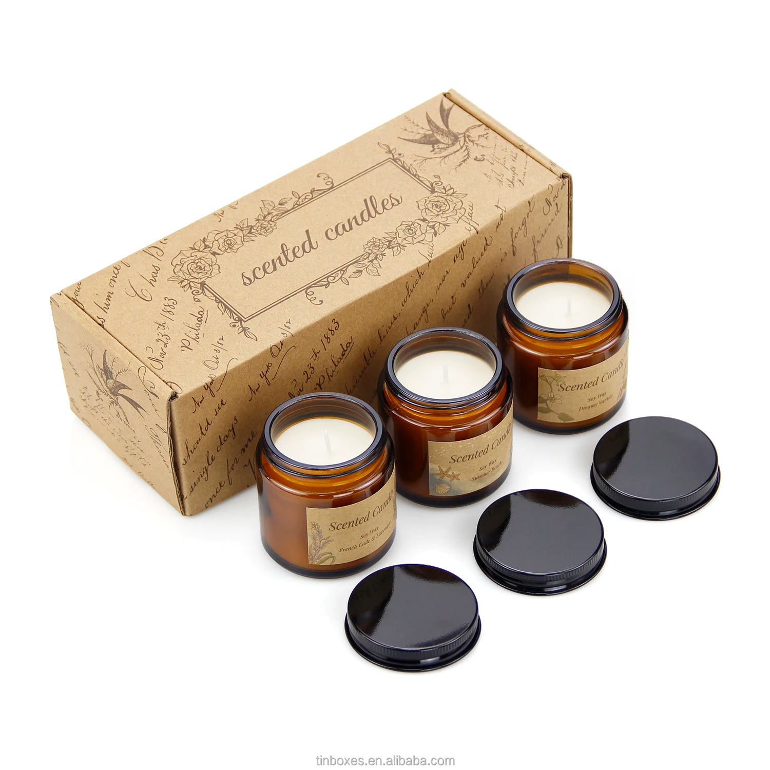 Stock Custom 3.5oz Nature Luxury Private Label Aroma Soy Wax Amber Glass Candles Scented Jar With  Tin Lid