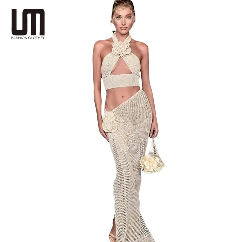 Liu Ming New Products Streetwear Women Sexy Sleeveless Flower Hollow Tank Tops Slim Fit Beach Holiday Maxi Skirt Set