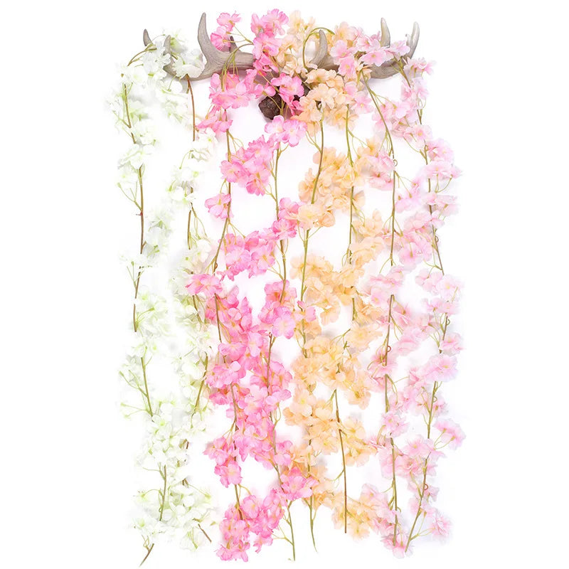 Hot Sale 180CM Artificial Cherry Blossom Rattan Centerpiece Flower for Christmas Interior Roof Long Strip Ceiling Decoration