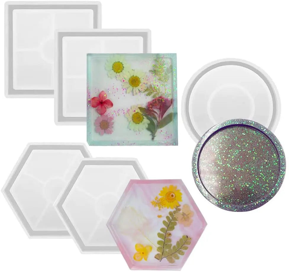 5 Pcs DIY Coaster Silicone Mold Set Round Square Hexagon Silicone Resin Coaster Mold Home Decoration Making