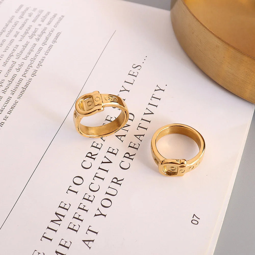 French Luxury Design Belt Buckle Index Finger Ring Genuine Gold Plated Stainless Steel Ring Women