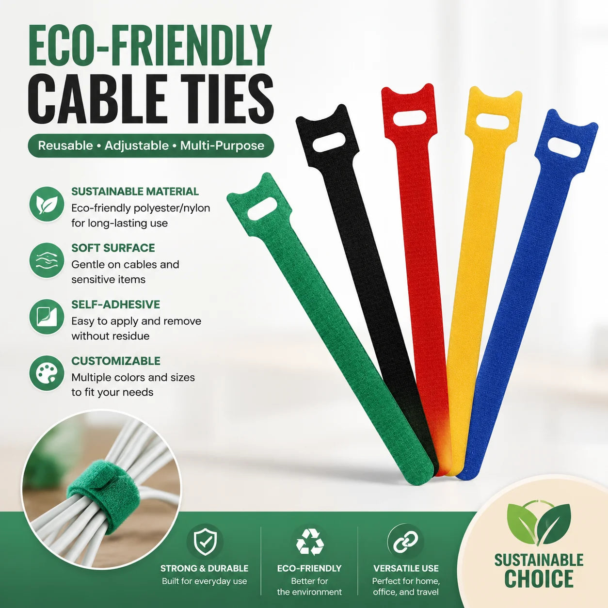 Wholesale Elastic Multi Function Adjustable Colourful Convenient Simple Use Reusable Self Adhesive Hook Loop Cable Tie Strap