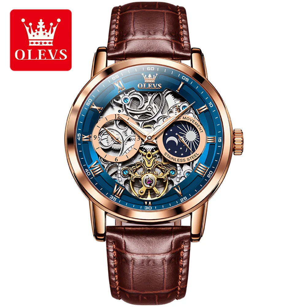 OLEVS 6670 Design3D Logo  Hollow Engraving Black Gold Case Leather Skeleton Mechanical Watches Men