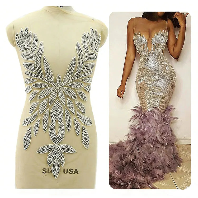 Keering Accesorios De Vestido De Boda Front Large Leaf Rhinestone Applique Patch for Wedding Lace Dress WDP-388