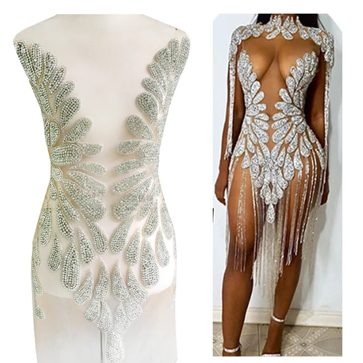 WDP-129 High Quality Shiny Sexy Crystal Bodice Dress Rhinestone Applique Patch for Evening Gown
