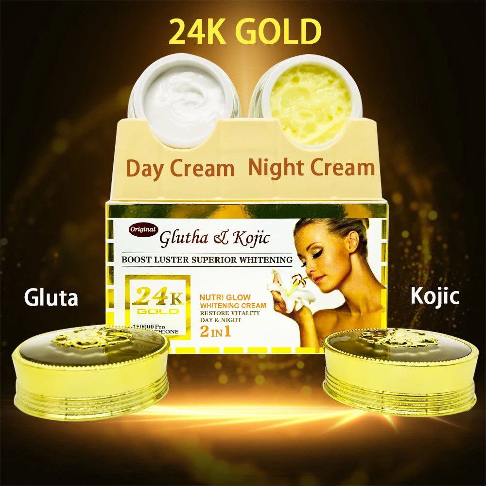 24K Gold Gluta & Kojic Whitening Face Cream Remove Melanin Pimple Antioxidants 25g+25g