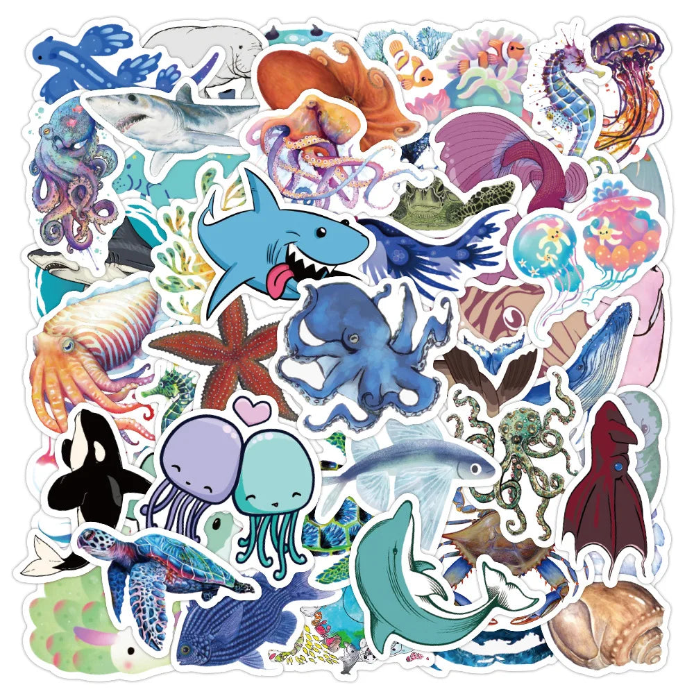 50 Pcs Marine Life Graffiti PVC Self Adhesive Stickers for Helmet Handbag Phone Case Suitcase Refrigerator Books Decoration