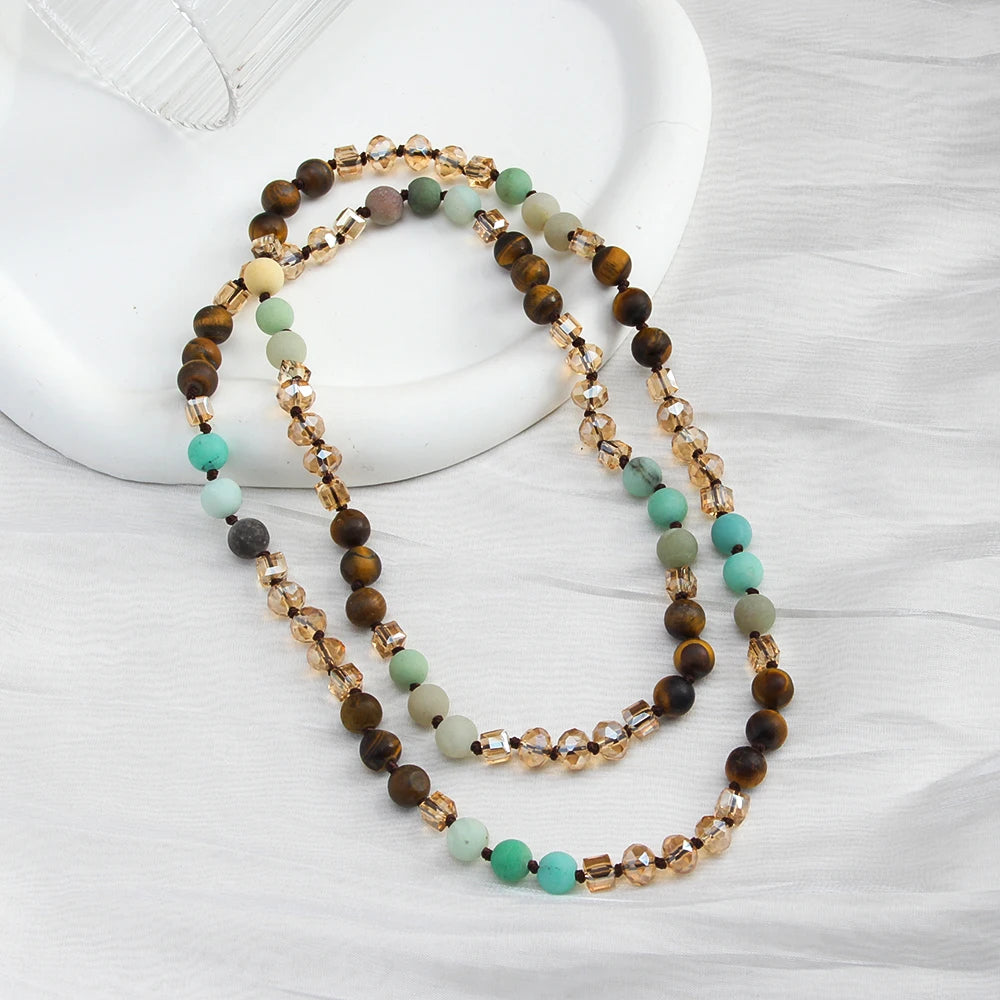 Fashion Bohemian Style 8mm Natural Stone Glass Beaded Knotted Necklace for Women Versatile Jewelry for Daily & Gift Occasions.