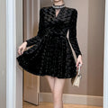 ZYHT 21470 New Autumn Simple Elegant Black Dress Women Long Sleeve Stylish Velvet Short a Line Party Dresses