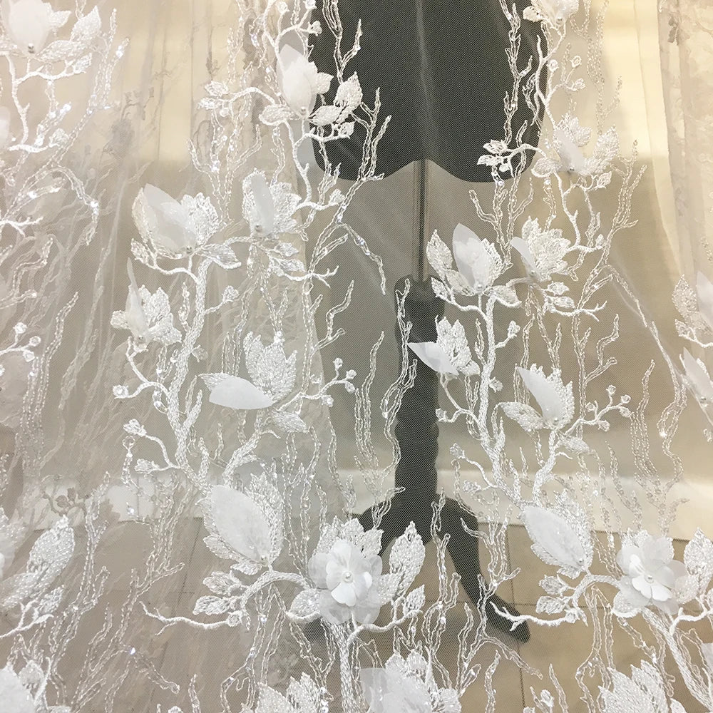 Luxury Bridal Lace Fabric with Beads Embroidery 3D Flower Applique White Lace Fabric for Elegant Wedding Dress