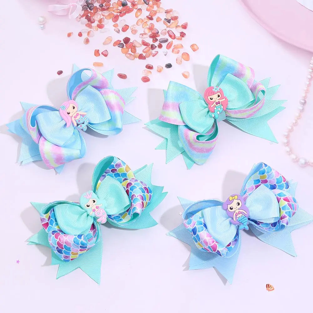 Cute Mermaid Blue Grosgrain Ribbon Hair Bows Layered Boutique Girls Hair Clip Barrettes