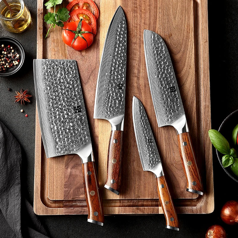 4 PCS Super Sharp Kitchen Chef Knives Damascus Knife Set With Desert Iron Wood Handle