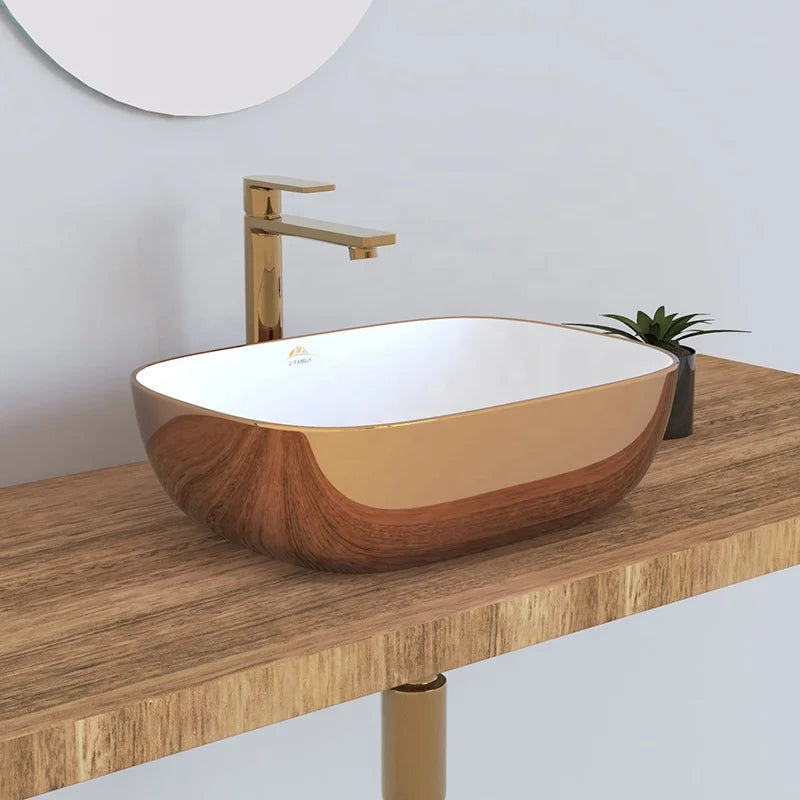 Hot Sale Modern Hand Painted Rose Golden Color Ceramic Bathroom Sink Counter Top Vanity Wash Basin