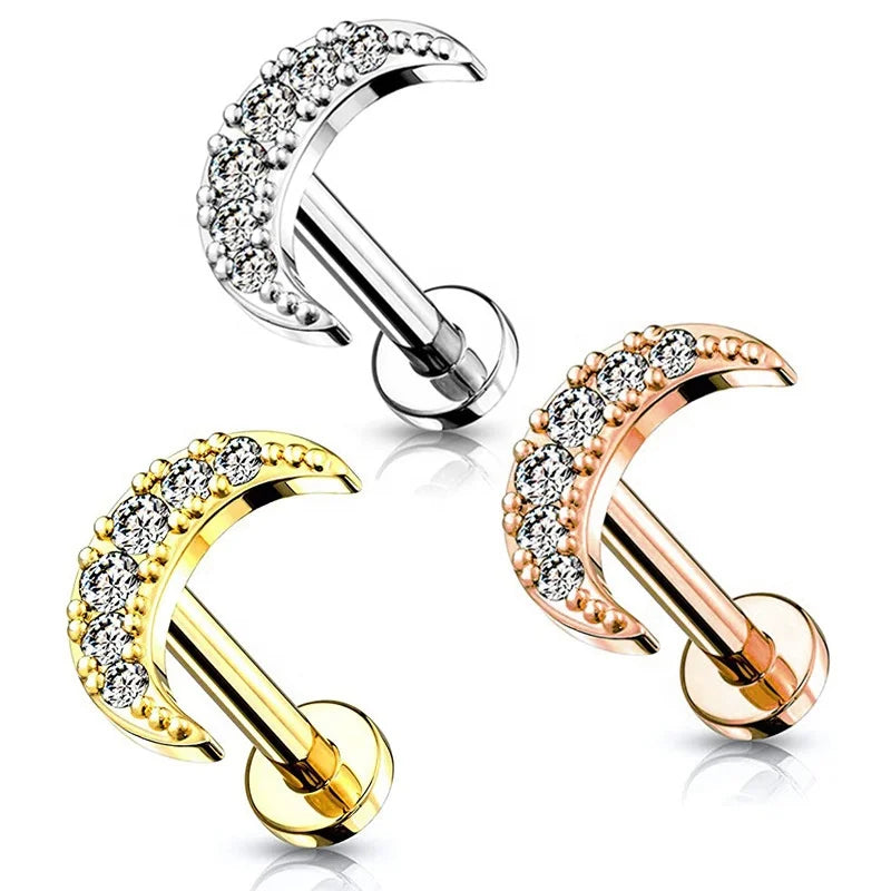 Gaby 316L Surgical Steel Internally Threaded Lip Ring Moon Stainless Steel Helix Earrings Labret Fashion Body for Gift Piercings